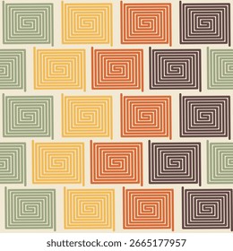 Patrón sin fisuras, cuadrado espiral, colores de tono tierra: verde, amarillo, naranja, rojo, marrón, diseño vintage geométrico, adecuado para el diseño de la tela, fondos, tarjetas y varias decoraciones.