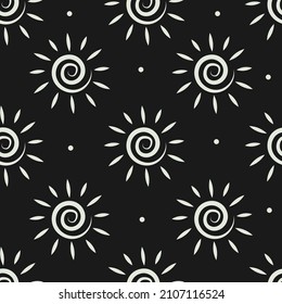 Seamless pattern with spiral sun on a black background.