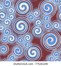 Seamless pattern of spiraling multi-colored elements. Five colors are used.
