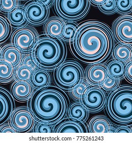 Seamless pattern of spiraling multi-colored elements. Five colors are used.