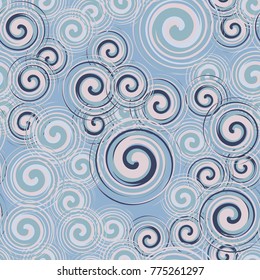 Seamless pattern of spiraling multi-colored elements. Five colors are used.