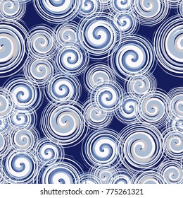 Seamless pattern of spiraling multi-colored elements. Five colors are used.