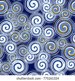 Seamless pattern of spiraling multi-colored elements. Five colors are used.