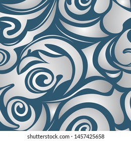 Seamless pattern of spirals and curlicues of gray on a dark blue background, wave, vegetable, marine pattern, wave. EPS 10 vector