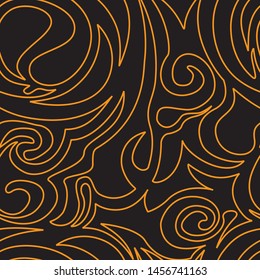 Seamless pattern of spirals and curlicues of orange on a black background, waves, vegetative. EPS 10