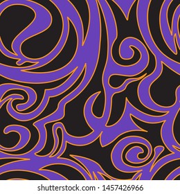 Seamless pattern of spirals and curls of black color on a purple background with orange edging, waves, vegetative.EPS 10