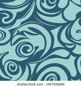 Seamless pattern of spirals and curls of blue color on a dark blue background, wave, floral, marine pattern, wave EPS 10 vector