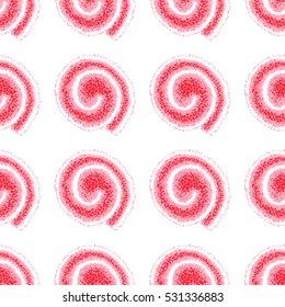Seamless pattern of spirals and dots on a white background. Pink cakes. Sweets in sugar.