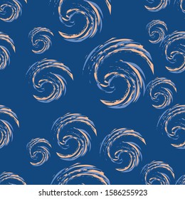 Seamless pattern. Spirals, lines, swirls. Classic blue background. Bumpy graphic elements are arranged in a chaotic manner. Texture for print, home decor, fashion fabric, textile. Vector.