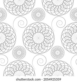 patrón impecable con espirales y adorno de flores de mandala. Elemento de diseño vintage en estilo monocromático. Tracería de encaje ornamental. Decoración floral y orgánica de papel pintado. Fondo blanco aislado del vector