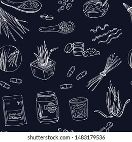 Seamless pattern of spirulina: spirulina algae, pills and spirulina powder. Superfood hand drawn doodle set. Vector illustration. Isolated elements on chalkboard background. Symbol collection.