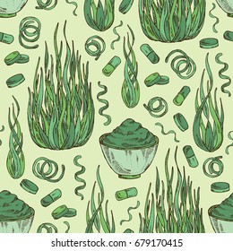 Seamless pattern with spirulina: spirulina algae, pills and spirulina powder. Superfood. Vector hand drawn illustration.
 