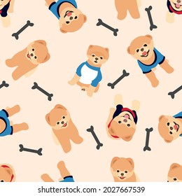 Seamless pattern with Spitz dogs. Vector illustration flat with a pet cute animal on a beige background.