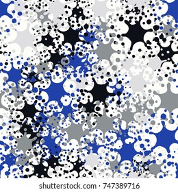 Seamless pattern. Splashes and blots in complete confusion. Five-color palette. Funny camouflage. Figure for use in three-dimensional graphics, textiles and design.