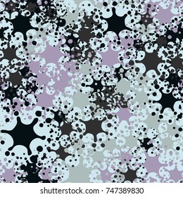 Seamless pattern. Splashes and blots in complete confusion. Five-color palette. Funny camouflage. Figure for use in three-dimensional graphics, textiles and design.
