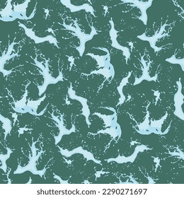 Seamless pattern with splashes and splashes of water on a dark turquoise background. Vector illustration. For packaging, textile, cover, background 