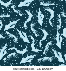 Seamless pattern with splashes and splashes of water on a dark blue background. Vector illustration. For packaging, textile, cover, background.