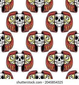seamless pattern of a split daruma doll with a skull inside