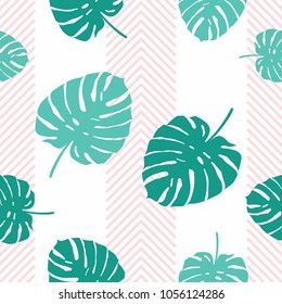 Seamless pattern split leaf philodendron tropical leaves on on pink arrow background.printing wallpaper.vector illustration