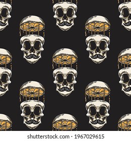 seamless pattern of a split skull with a head of an orange fruit