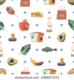 Seamless Pattern With Spoiled Foods Features Rotting Fruits, Moldy Bread, Rancid Milk, And Decaying Vegetables