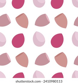 Seamless pattern with sponges for face makeup. Soft cosmetic sponges in flat style illustration. Repeating background or texture cosmetic blenders of different shapes, make-up sponge. Vector