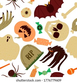Seamless pattern with spooky collection set of skull, bat, pumpkin, black cat, ghost, grave, spider, candy, eyeball. Halloween design for textile, banner. Flat style drawing. Stock vector illustration