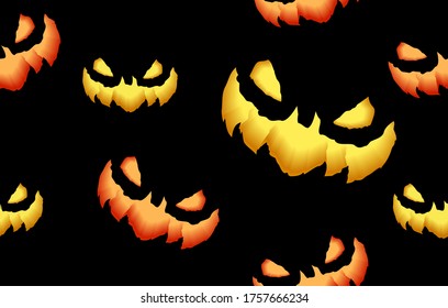 Seamless pattern with spooky and crazy pumpkins, monsters faces in the dark for Halloween design. 3D Realistic vector illustration.