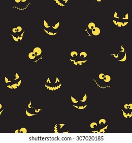 Seamless pattern with spooky and crazy pumpkins, ghosts and monsters faces in the dark for Halloween design