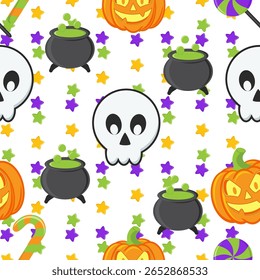 Padrão sem emenda - Padrões sem emenda assustadores e bonitos com caveira, caldeirão de poção e elementos de truque ou tratamento para Halloween