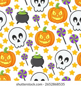 Padrão sem emenda - Padrões sem emenda assustadores e bonitos com caveira, caldeirão de poção e elementos de truque ou tratamento para Halloween