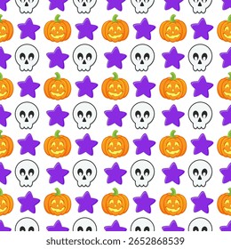 Padrão sem emenda - Padrões sem emenda assustadores e bonitos com caveira, caldeirão de poção e elementos de truque ou tratamento para Halloween