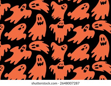 Seamless Pattern with Spooky Flying Ghosts in Orange on Black Background. Creepy Faces, Scary Emotions, Halloween Spirits in Motion. Flat Hand Drawn Vector Illustration