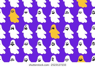 Seamless pattern Spooky ghost with different emotions vector illustration of smiling cartoon ghosts placed in parallel rows against vivid red backdrop. Seamless ghost, watercolor, vector for Halloween