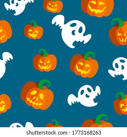 Seamless pattern with spooky ghosts and illuminated carved pumpkins for Halloween. Vector illustration in blue background