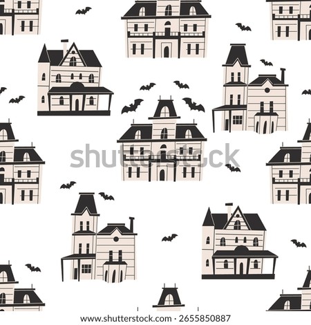 A seamless pattern with spooky gothic house. Vintage haunted mansions with black roof and beige walls. Halloween background