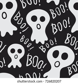 Seamless pattern with spooky halloween ghosts and handwriting text, Boo. Fantastic repeating doodle texture. Black and white creative vector background. Cute concept.