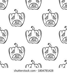 Seamless pattern with spooky Halloween pumpkins. Hand drawn vector illustration in doodle style on a white background.