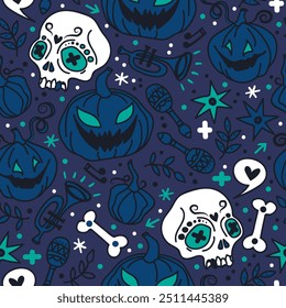 Padrão perfeito para Halloween assustador, crânios e abóboras, ilustração vetorial