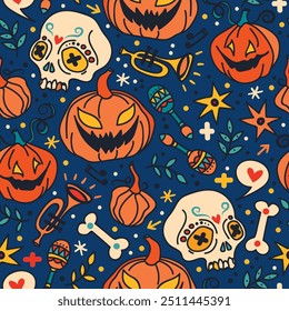 Seamless pattern for spooky Halloween, skulls and pumpkins, vector illustration