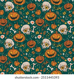 Padrão perfeito para Halloween assustador, crânios e abóboras, ilustração vetorial