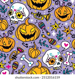 Seamless pattern for spooky Halloween, skulls and pumpkins, cute pink colors,  vector illustration