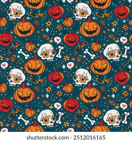 Padrão perfeito para Halloween assustador, crânios e abóboras, ilustração vetorial