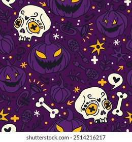 Padrão perfeito para Halloween assustador, crânios e abóboras, ilustração vetorial