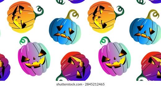 seamless pattern with spooky neon gradient jack o lantern pumpkins on white background for modern halloween design