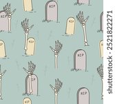 Seamless pattern of Spooky Skeleton Hands and Gravestones