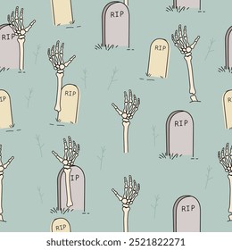 Seamless pattern of Spooky Skeleton Hands and Gravestones