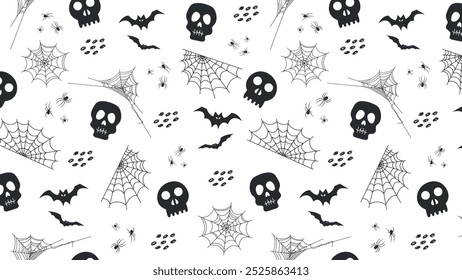 Padrão sem costura com crânios assustadores esqueletos, morcegos, teias de cobreiro e aranhas em cores pretas e brancas. Plano de Fundo do Tema de Halloween Assustador Horizontal. Vetor