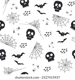 Seamless Pattern with Spooky Skulls Skeletons, Bats, Cobwebs and Spiders in Black and White Colours. Spooky Halloween Background. Vector