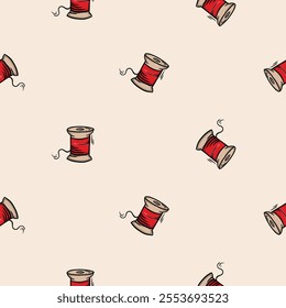 Seamless pattern with a spool of red thread for sewing. Vector background associated with handmade, needlework. Design for decorations, wrapping paper, print